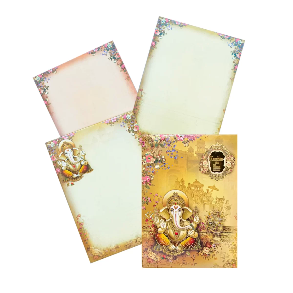 Yellow colour Ganesh wedding cards with name glass sticker-BI-434