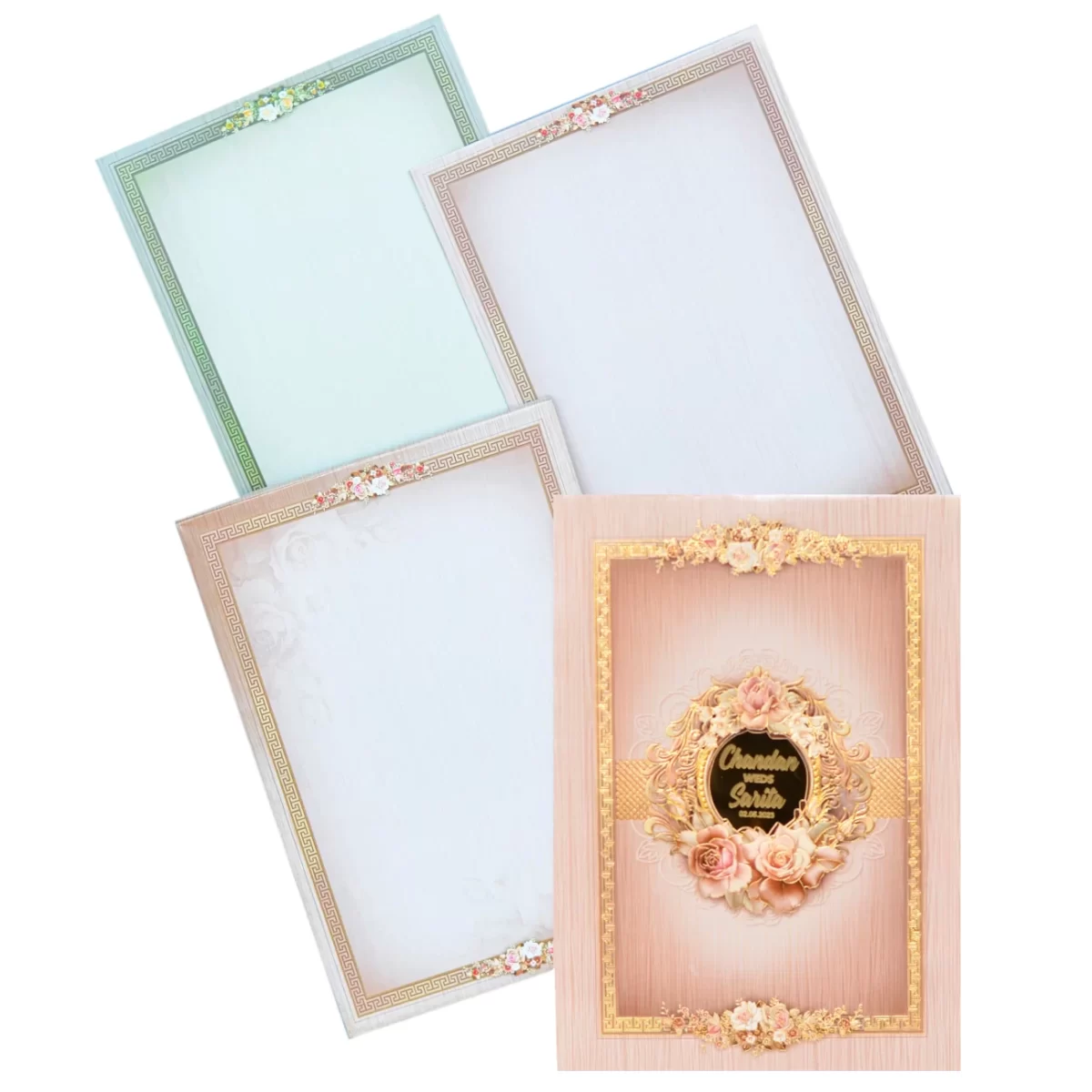Peach colour Floral wedding cards with name glass sticker-BI-435