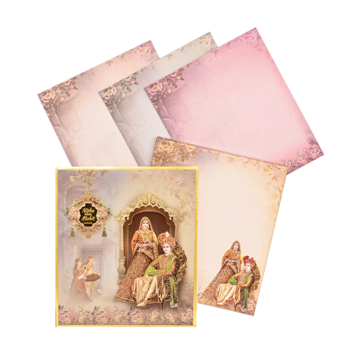 Peach Colour bride & groom wedding cards with name glass sticker-BI-436