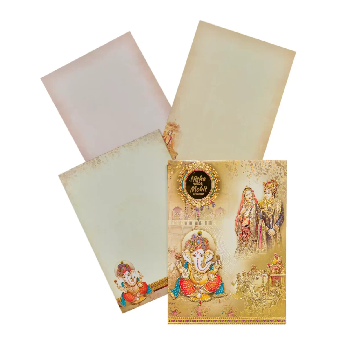 Ganesh and bride & groom wedding card with name glass sticker-BI-444